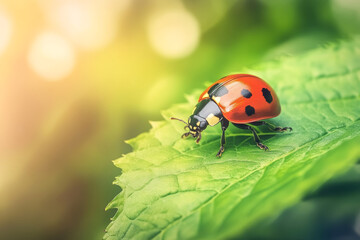 Fototapeta premium Ladybug Crawls on Vibrant Green Leaf in Sunlight
