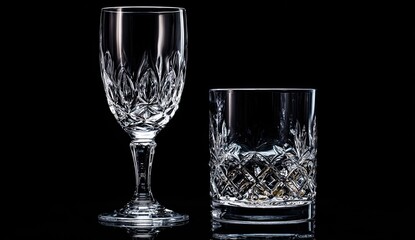Two cut crystal drinking glasses on a reflective black surface, side-by-side
