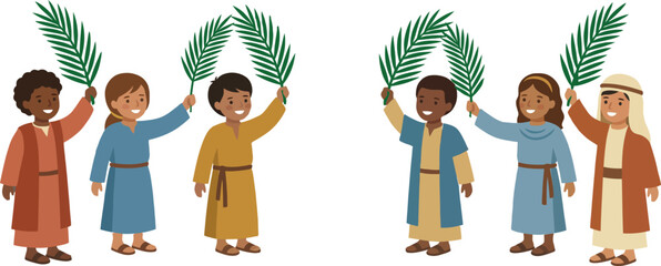 Happy biblical children waving green palm branches to celebrate Palm Sunday and entry of Jesus into Jerusalem shouting Hosanna in highest diverse group of boys and girls in ancient robes.