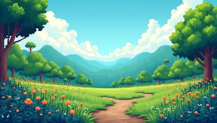 Pixel Art Landscape of a Serene Meadow with Mountains