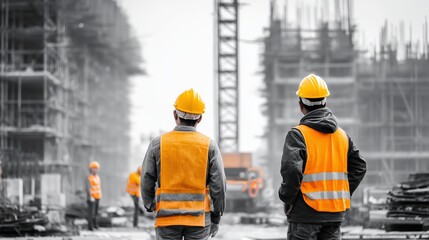 Obraz premium Construction workers in hard hats and safety vests observe a large building project