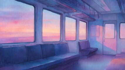 夕暮れの空を映す電車内 水彩イラスト 背景
