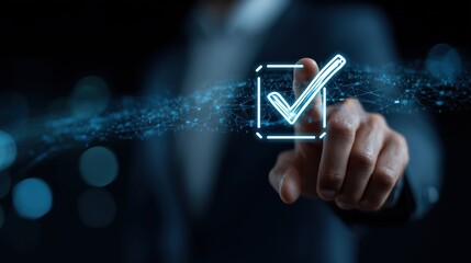 Businessman's finger touching a glowing checkmark in a digital interface, representing success and completion