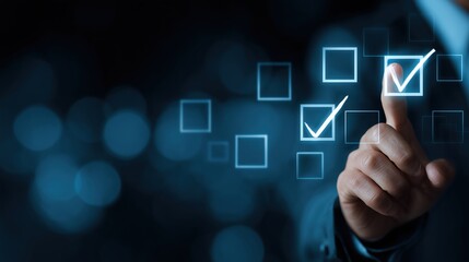Businessman's finger selecting a checkbox on a digital interface with glowing checkmarks