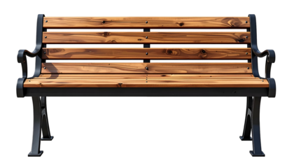 A wooden bench with black metal frame and armrests, isolated on black