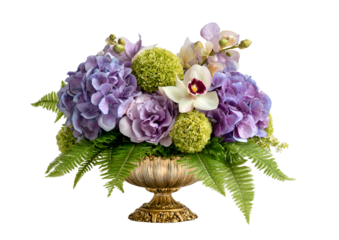 A vibrant floral arrangement of purple and green blooms in an ornate golden vase