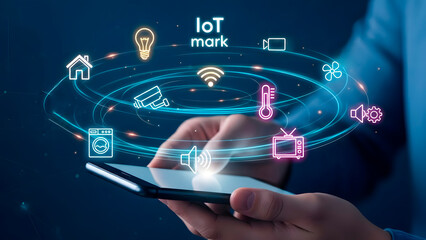Man holding smartphone with glowing internet of things icons. IoT concept of home automation and smart device connection, future technology.
