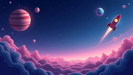 Rocket Blasts Off over Alien Planets Pink Cloudscape