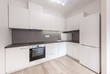 Modern Home Minimalist Kitchen Design With White Cabinets and Black Countertop