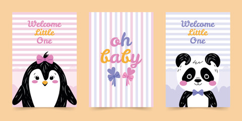 A set of templates for birthday invitations and postcards. A newborn baby. A children's party. A cute vector design with a funny penguin and a panda.