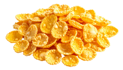 Pile of golden, flaky breakfast cereal, textured and close-up, against a stark black background