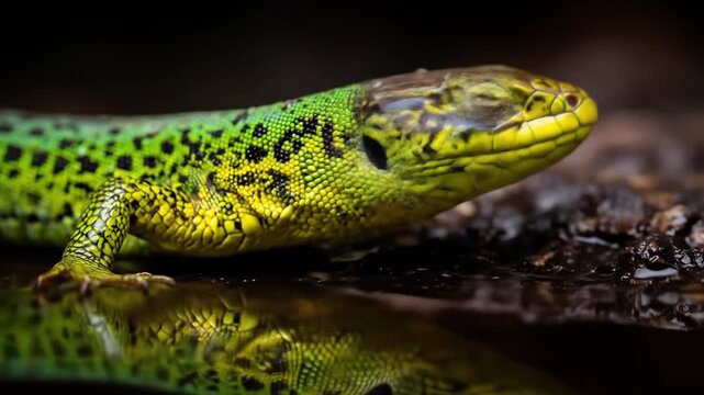 A vibrant lizard showcases its striking green and yellow patterned skin and piercing red eye