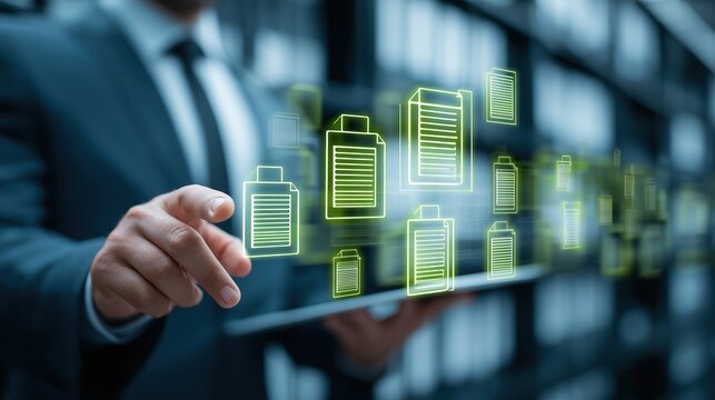 Businessman interacting with digital documents on a futuristic interface - Powered by Adobe