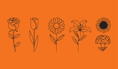 set of flowers icon for mothers day vector line art 