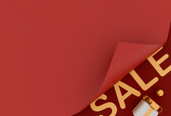 3D SALE typography under peeling red paper with gift.