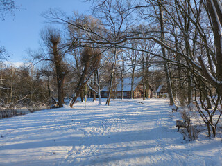 Der Hermann-L&ouml;ns-Park in Hannover ist im Winter eine
ruhige, klare M&auml;rchenlandschaft