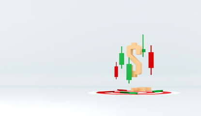 Financial Trading Target Concept with Gold Dollar Symbol and Candlestick Chart on White Background