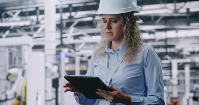 Concentrated Female Industrial Engineer Analyzes Production Metrics on Tablet While Walking Through Automated Factory Floor. Concept Smart Manufacturing, Industry 4.0, Data Driven Operations Concept.