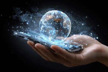 A hand holds a phone with a holographic Earth projection