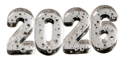 Frosted numbers "2026" with internal bubbles, isolated on black background