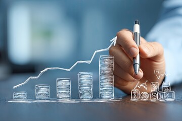 Hand draws increasing line graph above stacked coins, illustrating growth and financial success