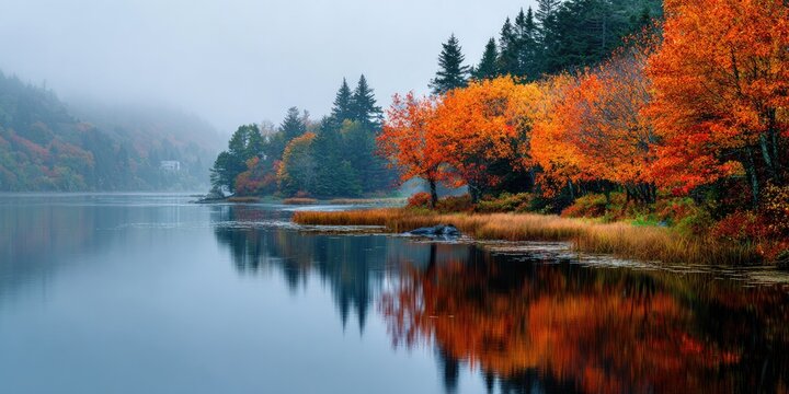Calm lake reflects vibrant autumn foliage, trees along the banks under a misty sky - Powered by Adobe