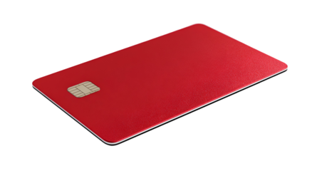 A vibrant red credit card with a chip, presented on a stark black background