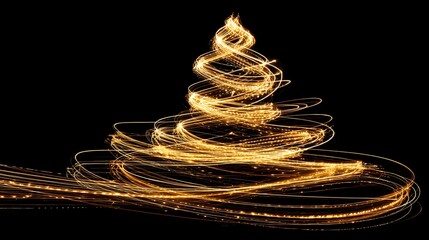 Glowing light trails creating a stylized Christmas tree against a stark black background