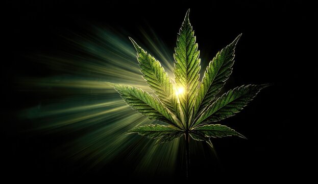 Lush green cannabis leaf glows brightly against a dark background, emitting radiant light