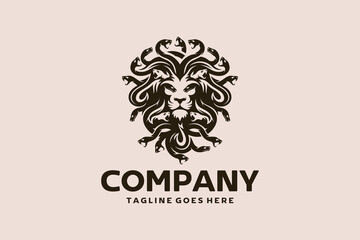 Minimal lion medusa emblem logo combining a stylized lion head with myth inspired snake elements. Represents strength, protection, authority, and identity. Suitable for business, finance, security, br