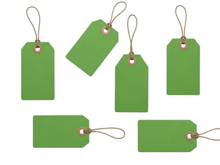 Green tags with string hangers isolated on transparent background