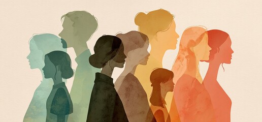 A stylized illustration features a group of diverse silhouettes facing to the right, in muted colors