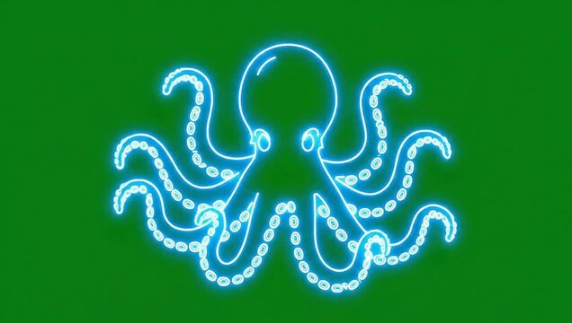 Electric blue neon octopus animation on green background glowing tentacles moving in mesmerizing pattern futuristic cephalopod video with digital art and visual effects