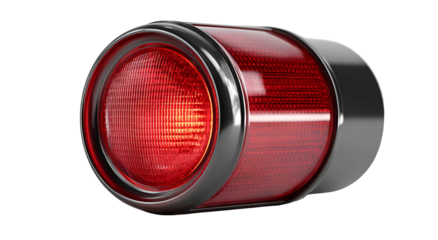 Illuminated cylindrical red warning light with polished metal trim on black backdrop
