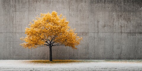 A tree with golden leaves stands before a concrete wall; snow softly falls