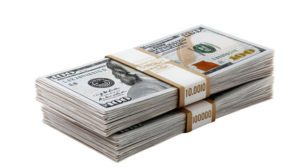 Two stacks of bundled bills, with visible denomination labels and strapped securely