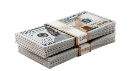Two stacks of bundled bills, with visible denomination labels and strapped securely