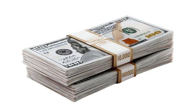 Two stacks of bundled bills, with visible denomination labels and strapped securely