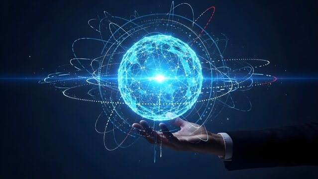 Human hand holding glowing blue digital global network sphere with abstract connections - Powered by Adobe