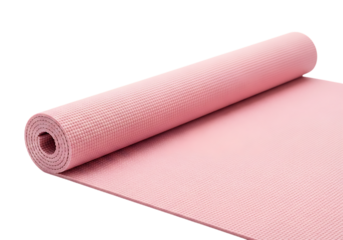 Pink textured yoga mat partially unrolled for exercise and fitness, isolated on white background