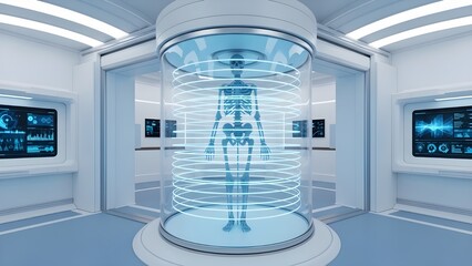 Futuristic Medical Laboratory with Holographic Human Skeleton Scan Display