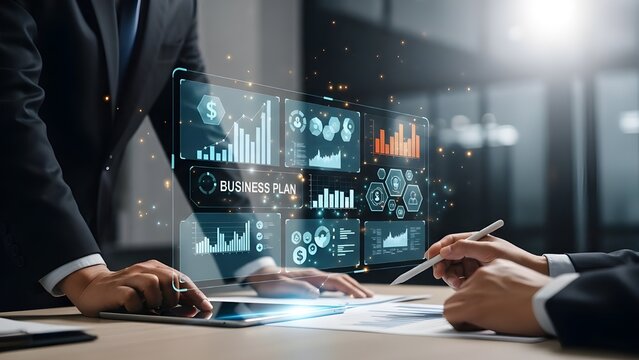 Business people analyzing financial data on futuristic holographic display in modern office meeting - Powered by Adobe