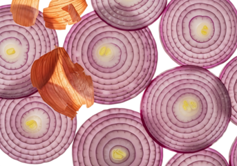 Macro View of Fresh Red Onion Slices and Dry Onion Skins Arranged on White Background