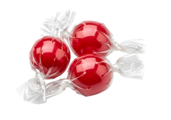 Three Red Round Hard Candies in Transparent Plastic Wrappers, Sweet Strawberry or Cherry Flavored Confectionery Isolated on White