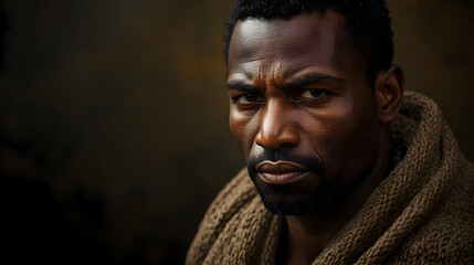Intense gaze of an adult African man exudes immense power and profound self confidence. His expression reflects deep resilience and quiet, unyielding strength, commanding attention