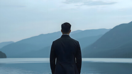 Lone man stands before vast serene lake with majestic mountain, embodying quiet power of self confidence. His contemplative gaze suggests thoughtful reflection on tranquil morning