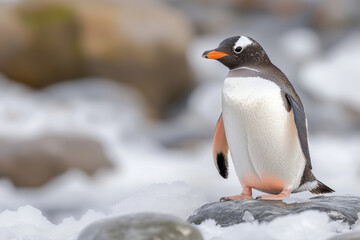Gentoo Penguin Standing on Icy Ground in Nature