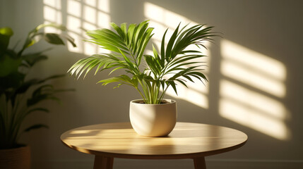Potted green plant bathed in soft sunlight