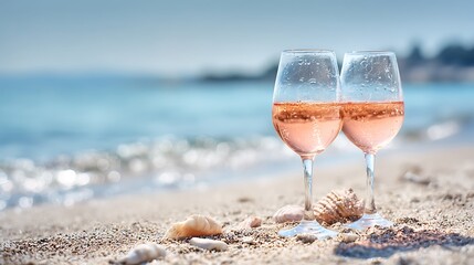 Two glasses of ros? wine on sandy beach, seashell accents with ocean backdrop, idyllic scene