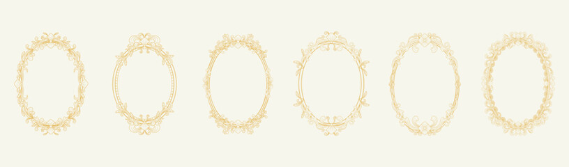 Six vintage baroque oval frames set in gold line art on a pale cream background, elegant decorative borders.